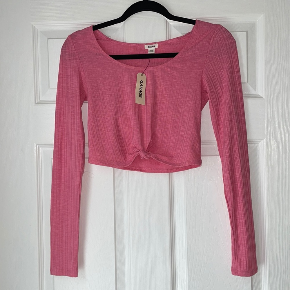 Garage Pink Knot Tie Long Sleeve Crop Top